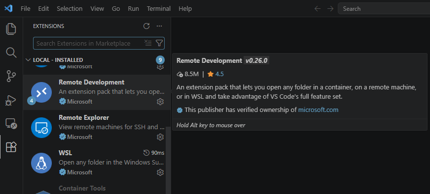 Installation de l'extension VS Code Remote Development